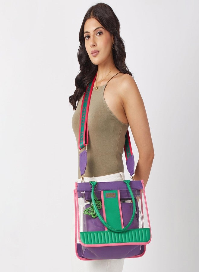 كابريس حقيبة كابريس مادونا الكبيرة لحمل الكمبيوتر المحمول | حقيبة يد شفافة نابضة بالحياة مع حزام كتف قابل للتعديل والفصل، وإغلاق بسحاب آمن | حقيبة كتف | مثالية للاستخدام المكتبي واليومي (أخضر وبنفسجي) - Image 2